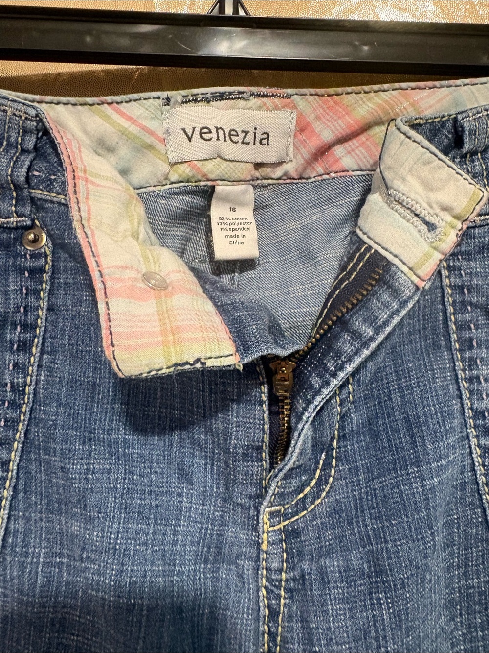 Venezia Blue Denim Jean Shorts with Pastel Plaid Trim